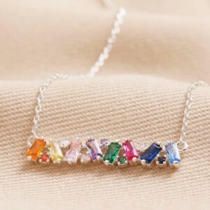 Rainbow Baguette Crystal Bar Necklace in silver