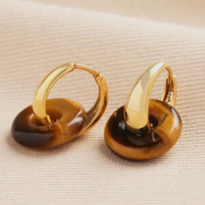 Tiger's Eye Loop on Gold Huggie Hoop Earrings