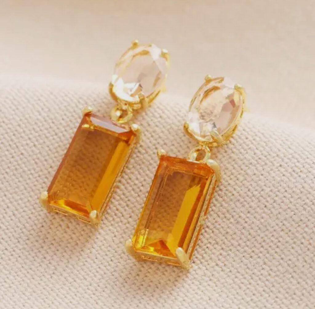 Amber Rectangle Crystal Drop Earrings in Gold