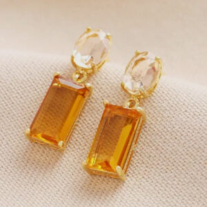 Amber Rectangle Crystal Drop Earrings in Gold