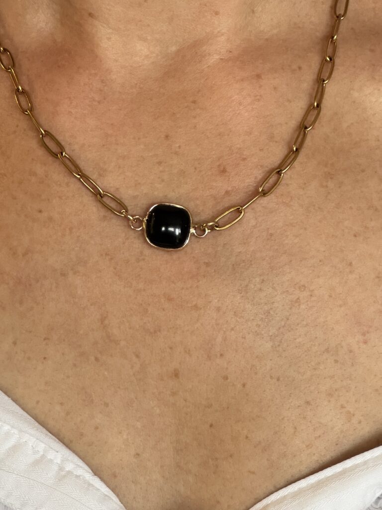 Square Gemstone Paper Clip Necklace Black Jade