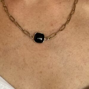 Square Gemstone Paper Clip Necklace Black Jade