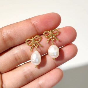 Bow Stud with Drop Pearl Earrings