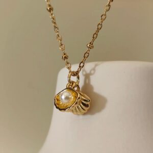 Open Seashell & Pearl Pendant Necklace